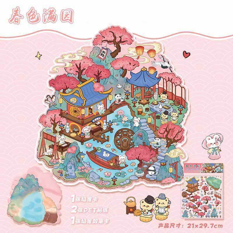 Mini Scenes Sticker Timeless Scenery DIY 3D Scene Stickers 4 Cute Miniature Scenes
